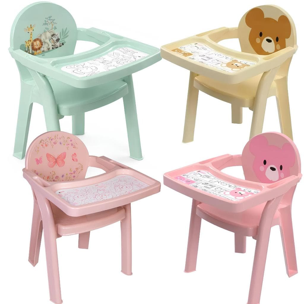 Cadeirinha Poltrona Infantil com Bandeja •  Cadeira de Alimentação Portátil Bebê Plasutil • Reclinável •  Ursinho Safari