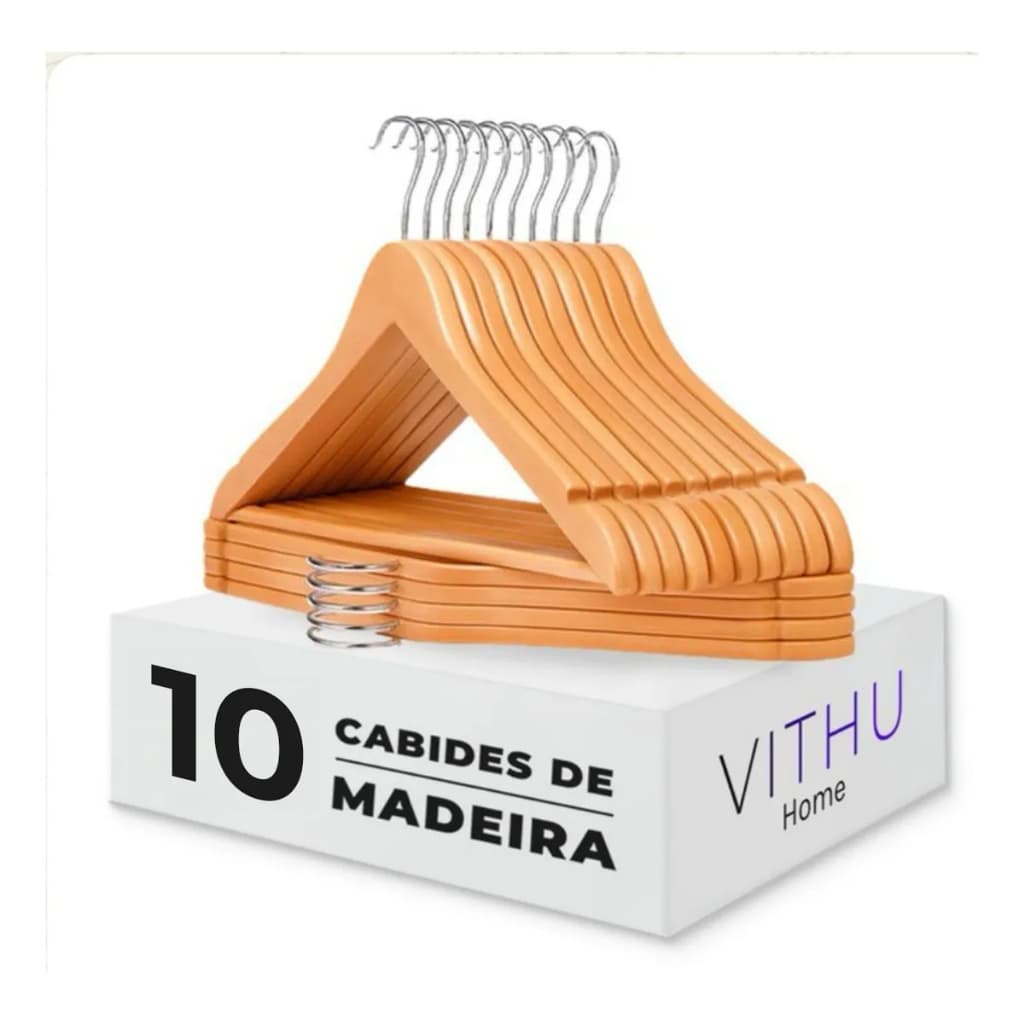 Kit 10 Cabides Madeira Vithu Adulto Com Ganho Cromado 360 Graus Roupas Gerais Closet Camiseta Camisa Envernizado