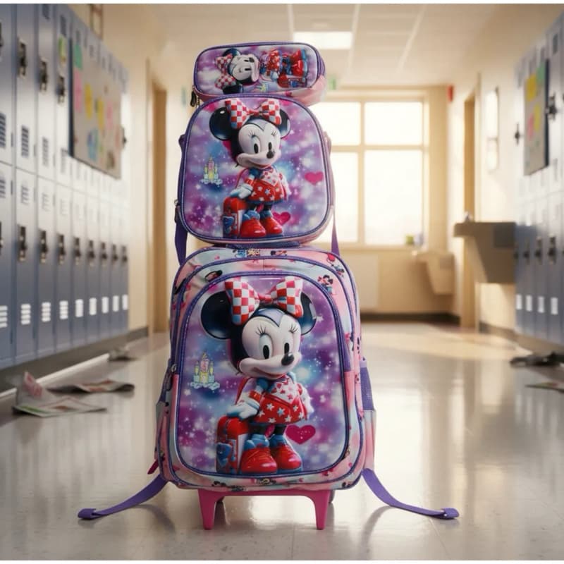 Mochila Escolar Exclusiva 3D Minnie Feminina com Rodinhas Kit Completo Carrinho Lancheira Térmica + Estojo