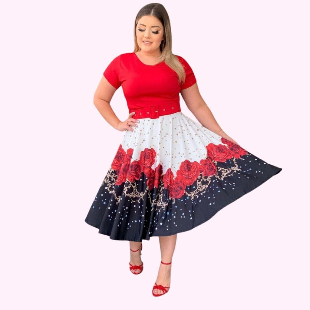Vestido Midi Liso e Estampado  Comportado Acompanhada Cinto