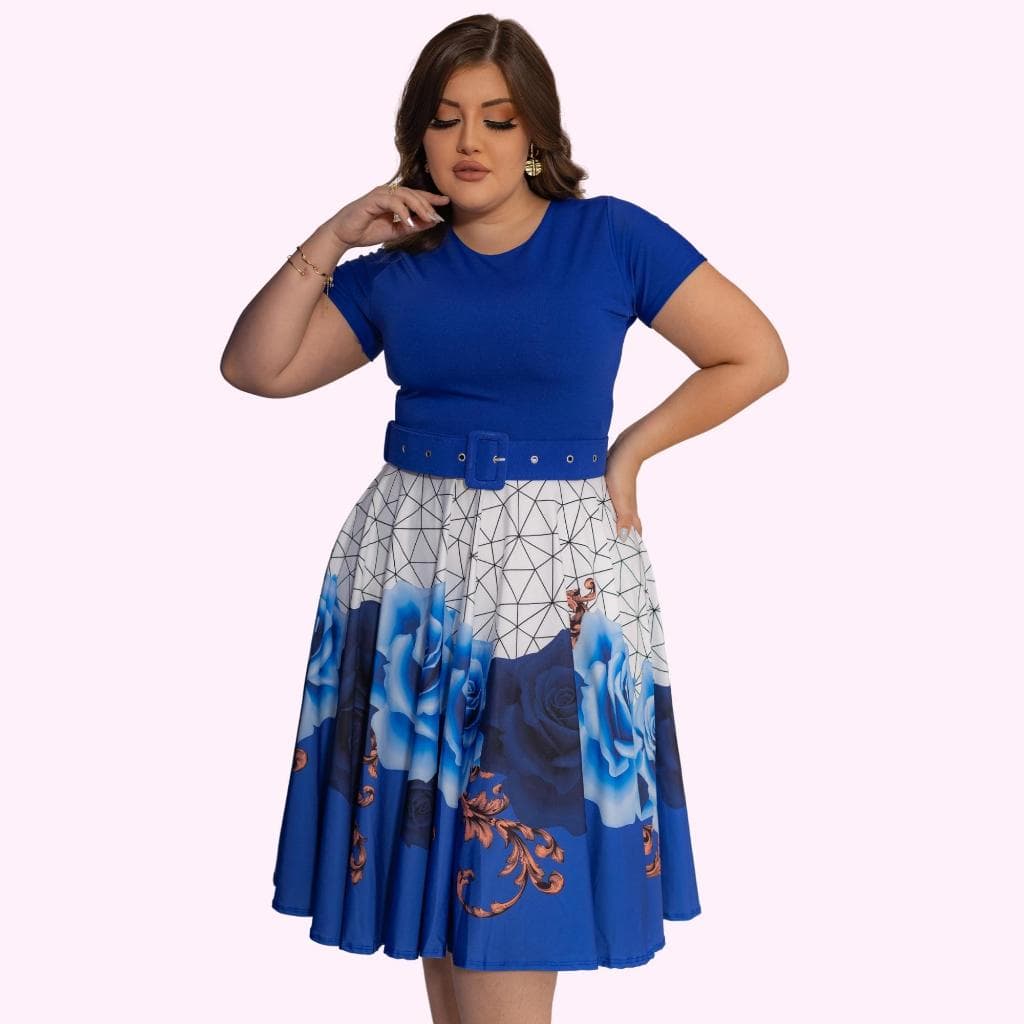 Vestido Midi  Rodado Estampados Com Cinto Moda Feminina e Cristã