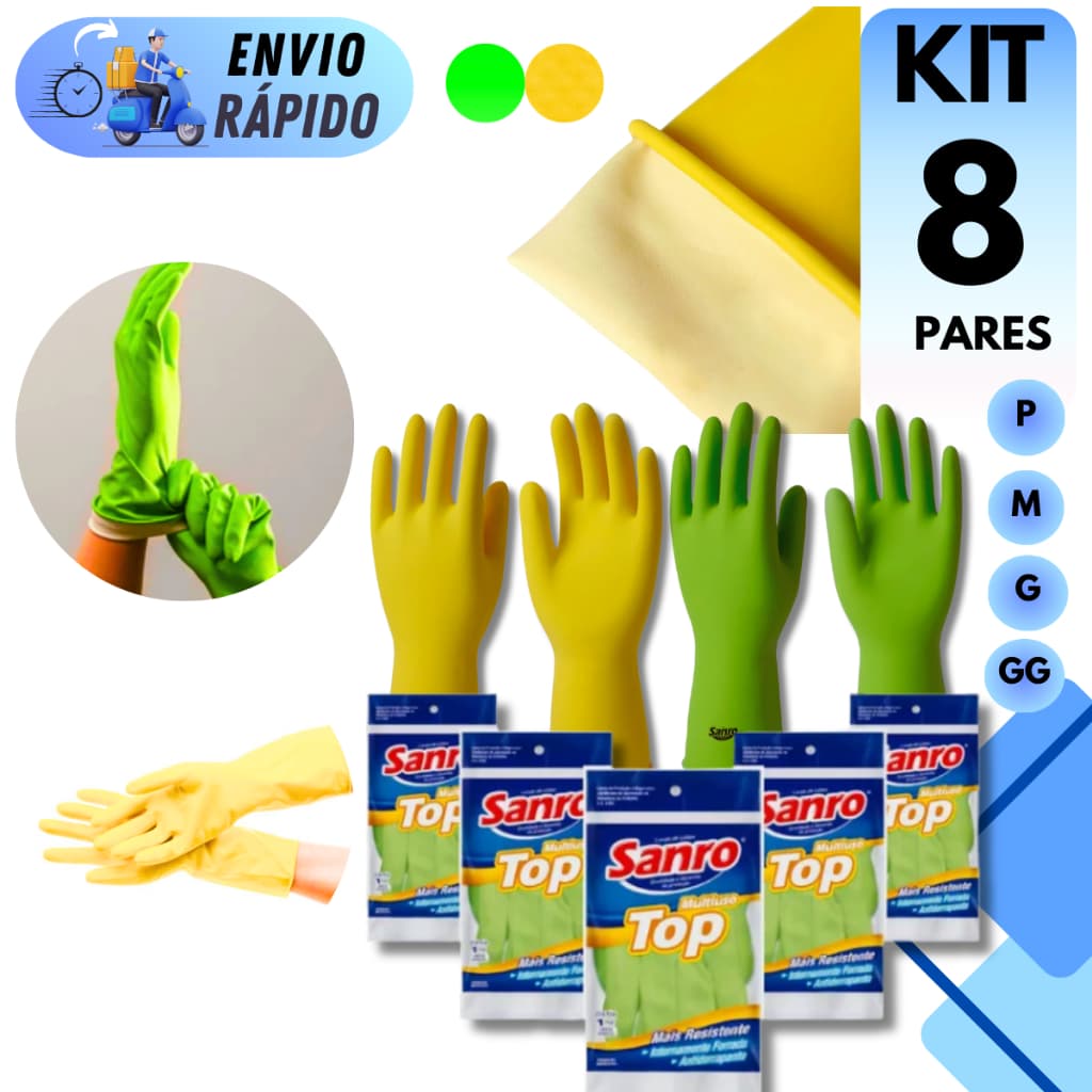 KIT 8 PARES DE LUVA SANRO  LATEX MULTIUSO IMPERMEAVEL ANTIDERRAPANTE PARA LIMPEZA COZINHA JARDINAGEM MULTIUSO