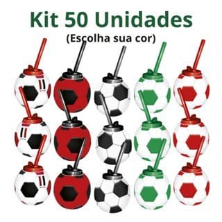 Kit até 50 Copos Canudo Bola Futebol Lembrancinha Festa Aniversário Evento Creche Merenda Bebida