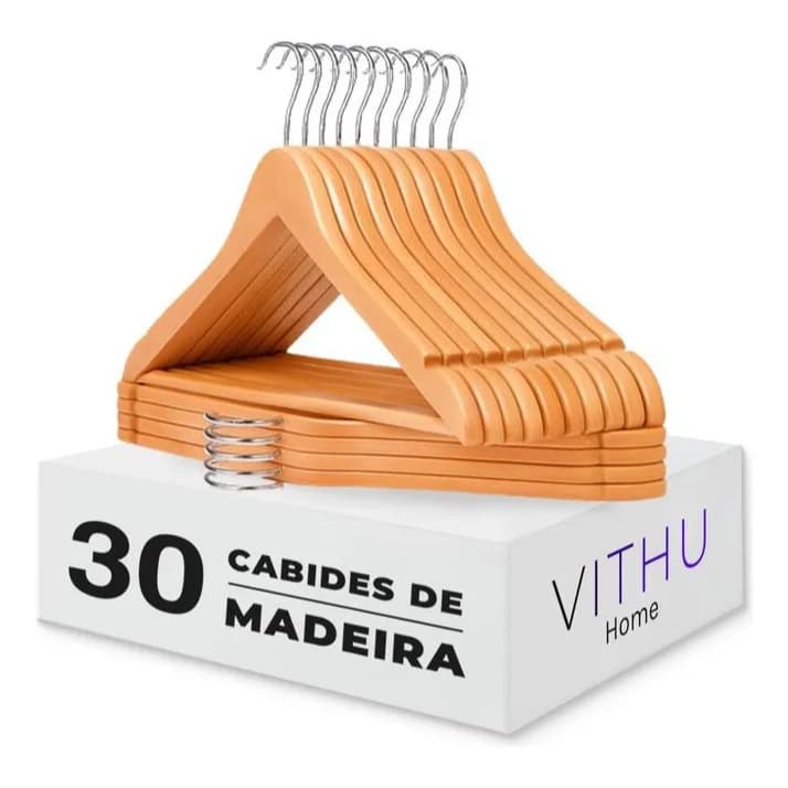 Kit 30 Unidades Cabide Madeira Vithu Envernizado Adulto Roupas Gerais Gancho 360 Cromado Giratorio Closet