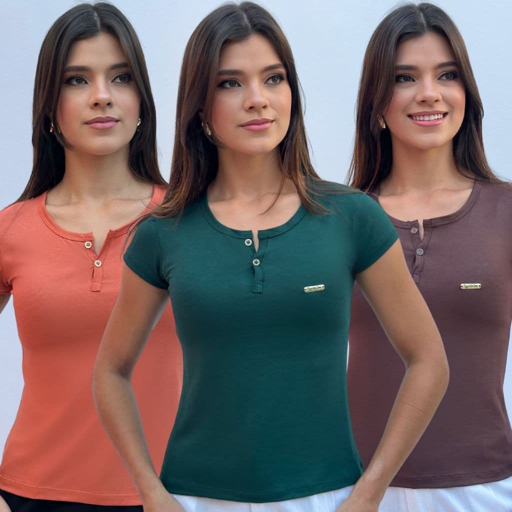 Kit Blusa Feminina Baby Look Viscolycra com Botões Frontais Moda Básica Conforto  e Estilo