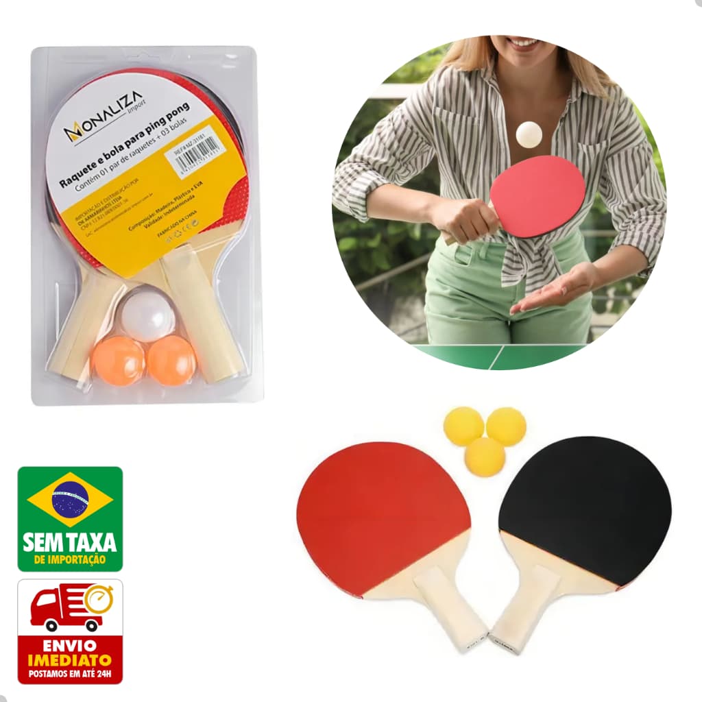 Kit Ping Pong 2 Raquetes 3 Bolinhas Tênis de Mesa Iniciante Madeira Sem Rede