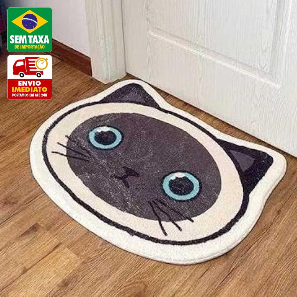 Tapete Gato Fofo 60x40cm Poliéster Base Antiderrapante Decorativo Casa Banheiro Quarto