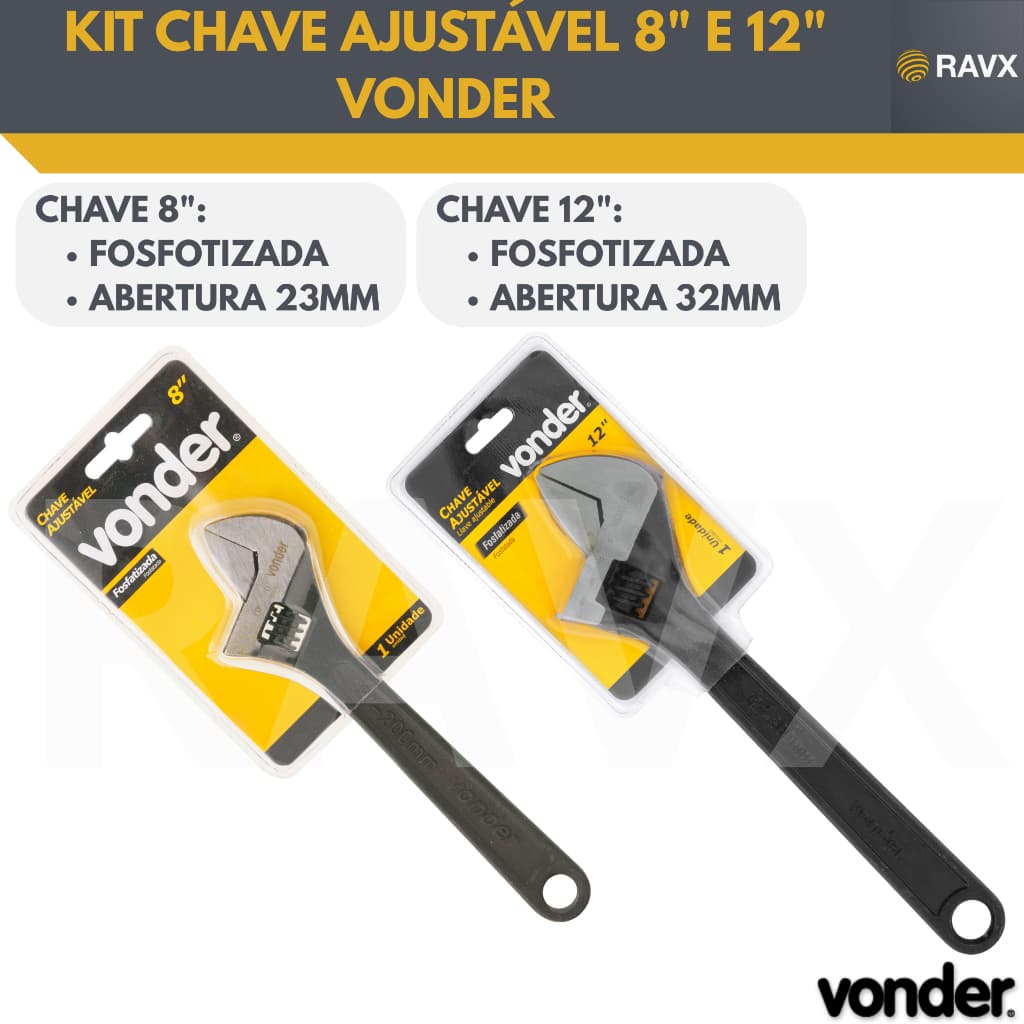 Kit Chave Inglesa Ajustável 8” + 12” Vonder – Fosfatizadas – Aço Carbono – Alta Resistência