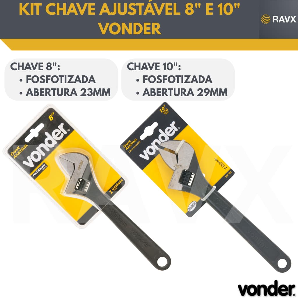 Kit Chave Inglesa Ajustável 8” + 10” Vonder – Fosfatizadas – Aço Carbono – Alta Resistência