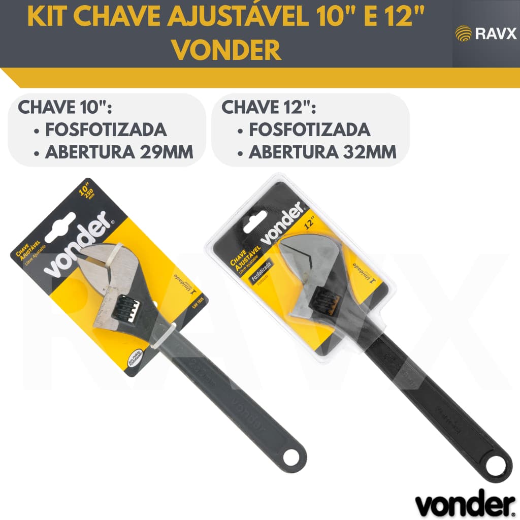 Kit Chave Inglesa Ajustável 10” + 12” Vonder – Fosfatizadas – Aço Carbono – Alta Resistência