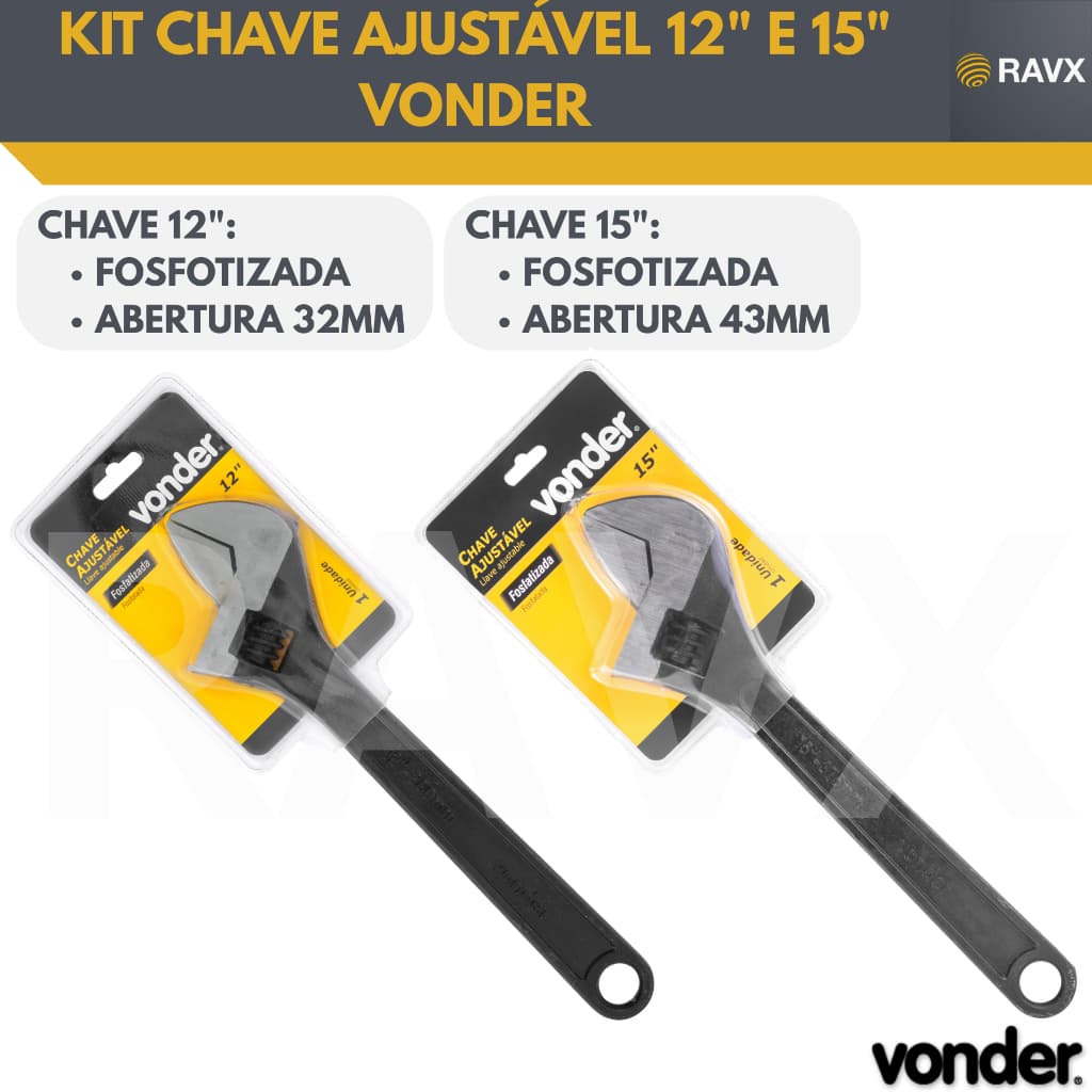 Kit Chave Inglesa Ajustável 12” + 15” Vonder – Fosfatizadas – Aço Carbono – Alta Resistência
