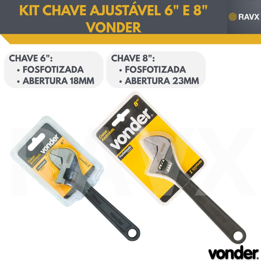 Kit Chave Inglesa Ajustável 6” + 8” Vonder – Fosfatizadas – Aço Carbono – Alta Resistência