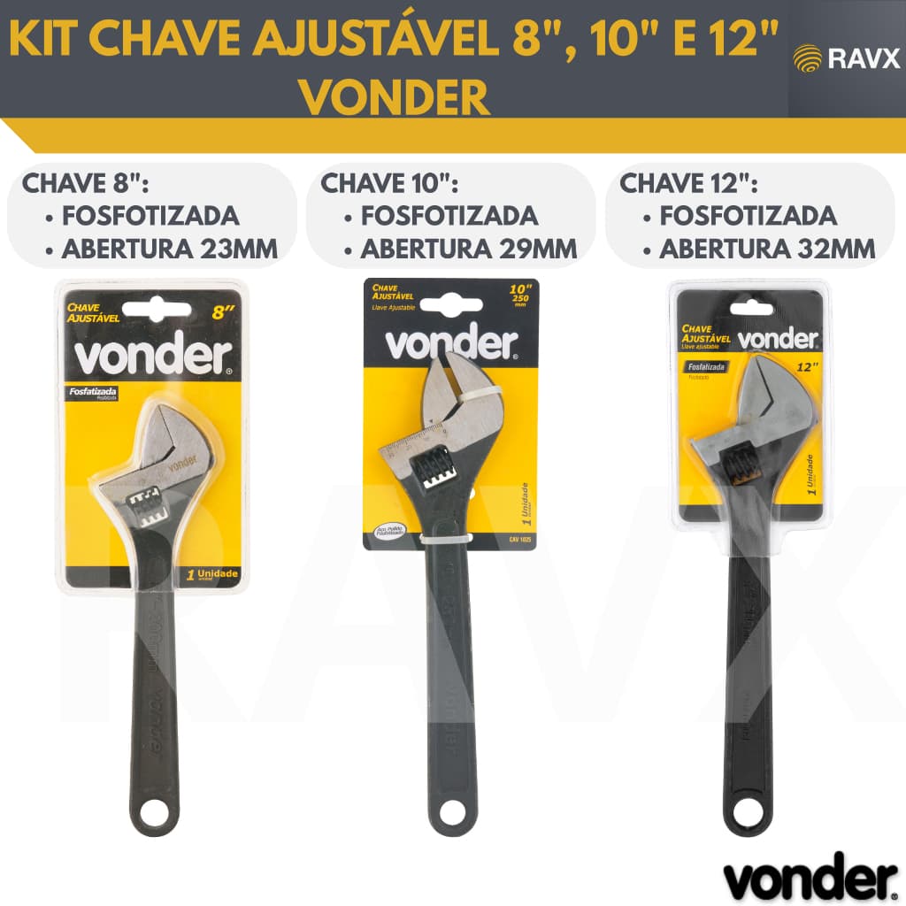 Kit Chave Inglesa Ajustável 8” + 10” + 12" Vonder – Fosfatizadas – Aço Carbono – Alta Resistência