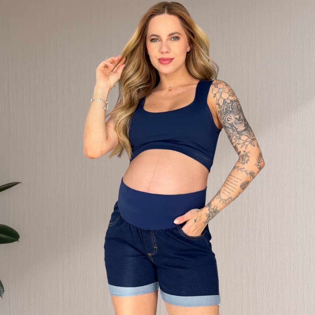 Shorts Jeans Gestante Cós Anatômico Elastano Flexível Maternidade Premium