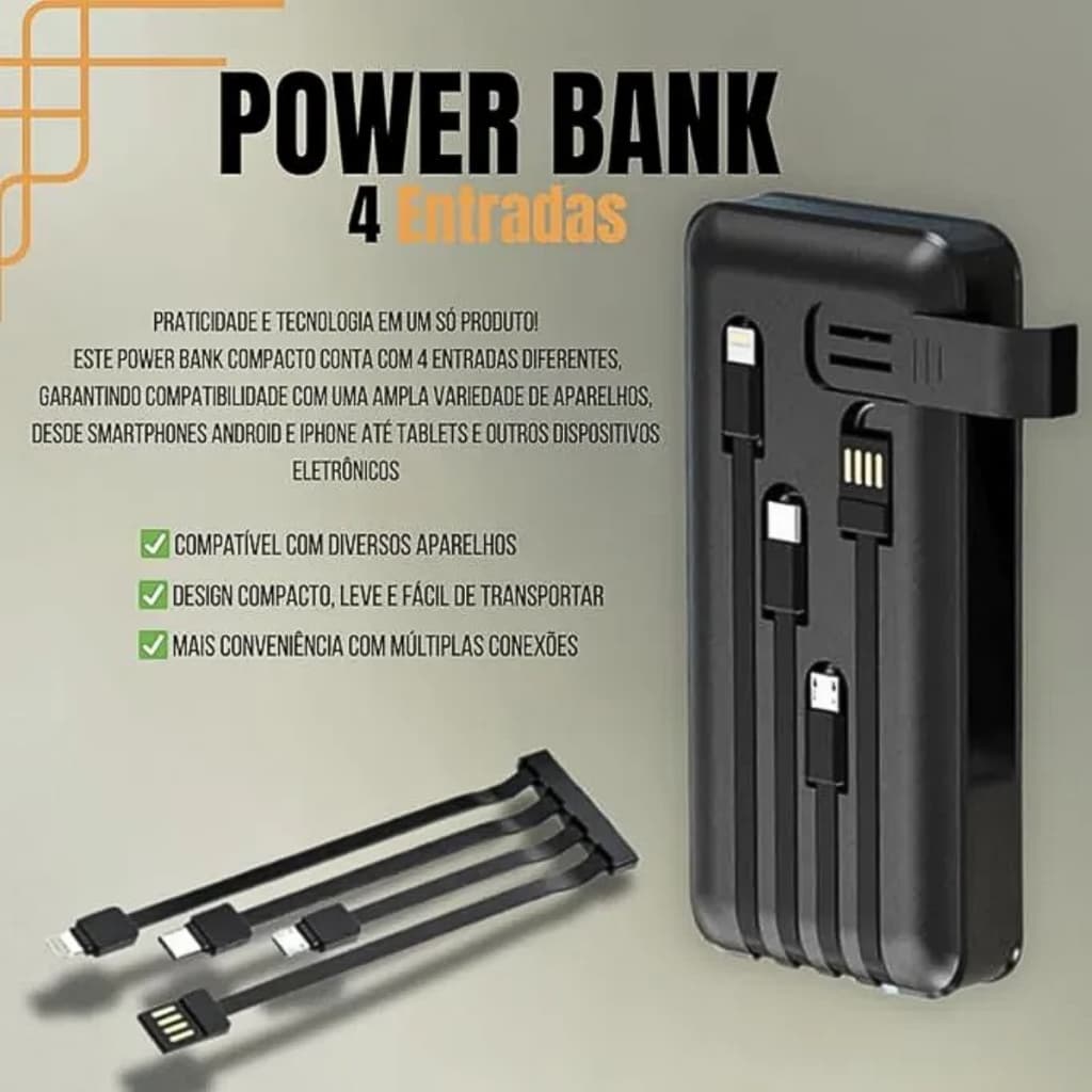 Carregador Portátil Power Bank 10000mAh com 04 Saídas USB / V8 / TIPO-C / Lightning Kapbom KA-966