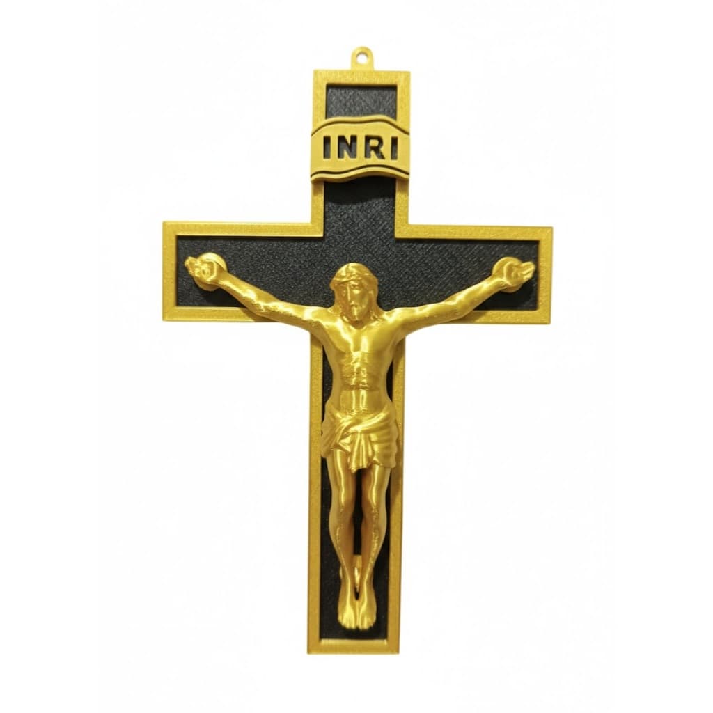 Crucifixo de Parede Moderno Dourado e Preto - Escultura Cristã Religiosa Premium