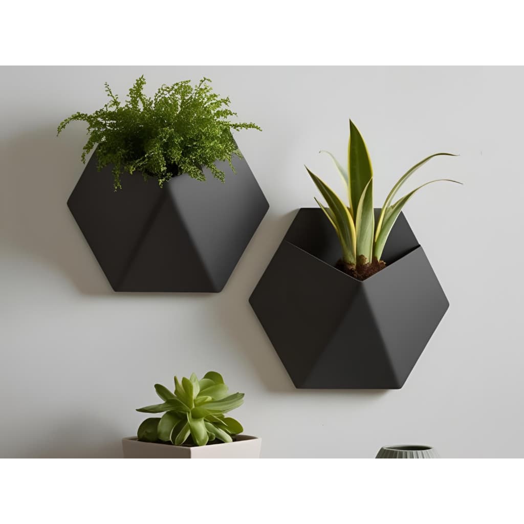 Vaso de planta de parede formato hexagonal rígido preto fosco para decoração sofisticada de salas e escritórios