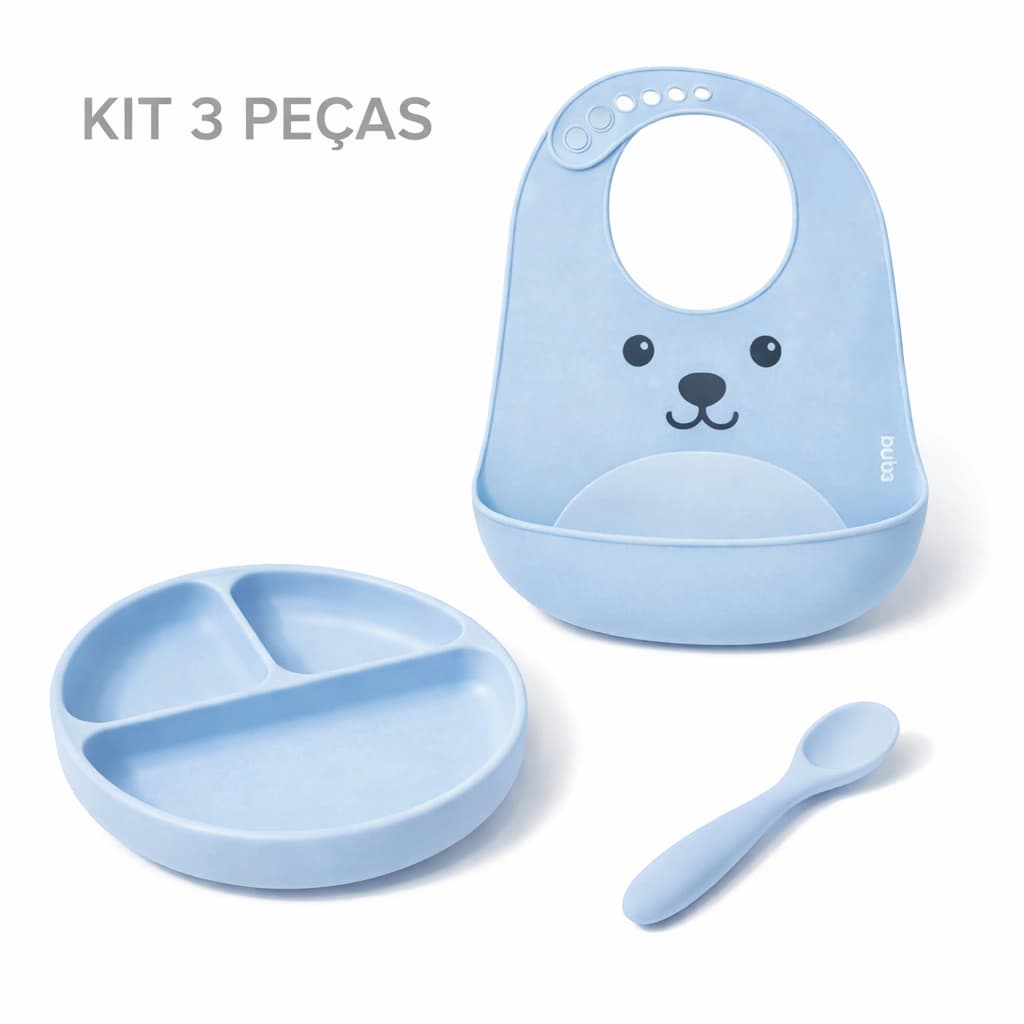 Kit Alimentação Buba 3 peças Silicone  – Prato, Babador com Estampa, Colher | BLW | Livre de BPA