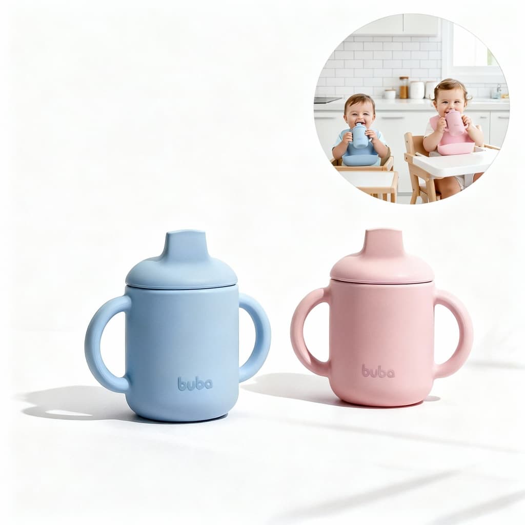 Copo Infantil de Transição em Silicone com Alças | Azul ou Rosa | Copo para Bebê