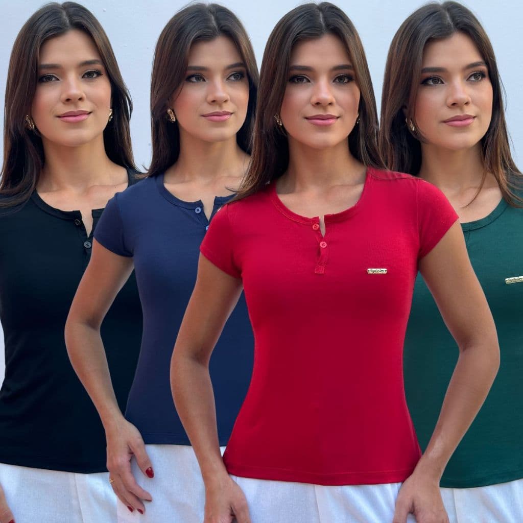 Kit 4 Baby Look Tecido Viscolycra  Blusa Feminina com Decote em Botões Frontal Manga Curta Elegante