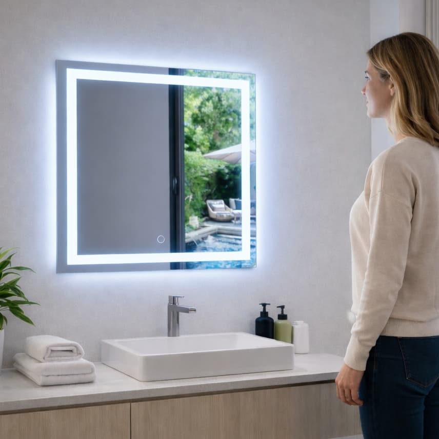 Espelho Quadrado Jateado 50x50 LED Multicolor Touch Decorativo Design Moderno Banheiro Sala Quarto