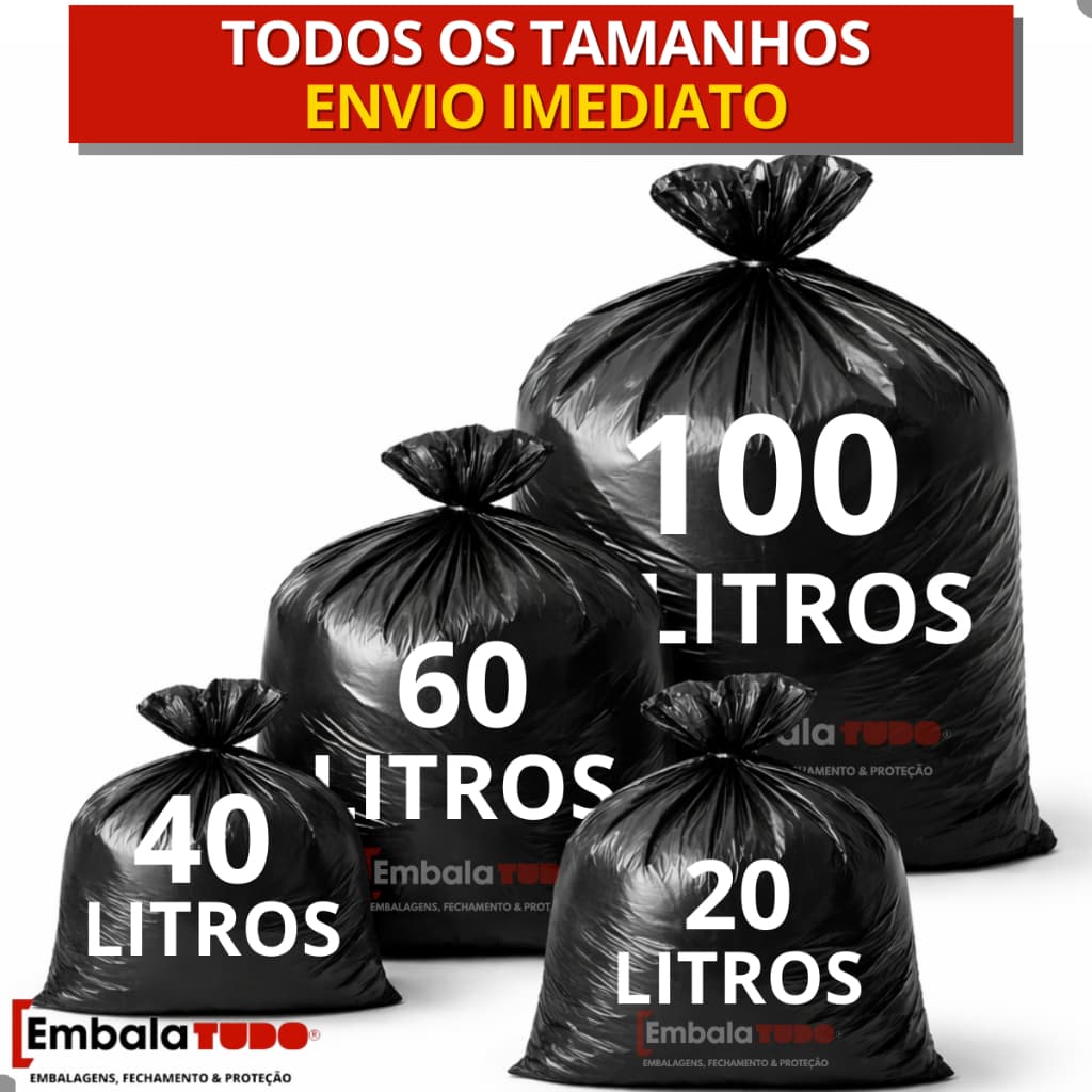 Saco para Lixo Leve Preto Vários Tamanhos pacote Com 100 Unidades