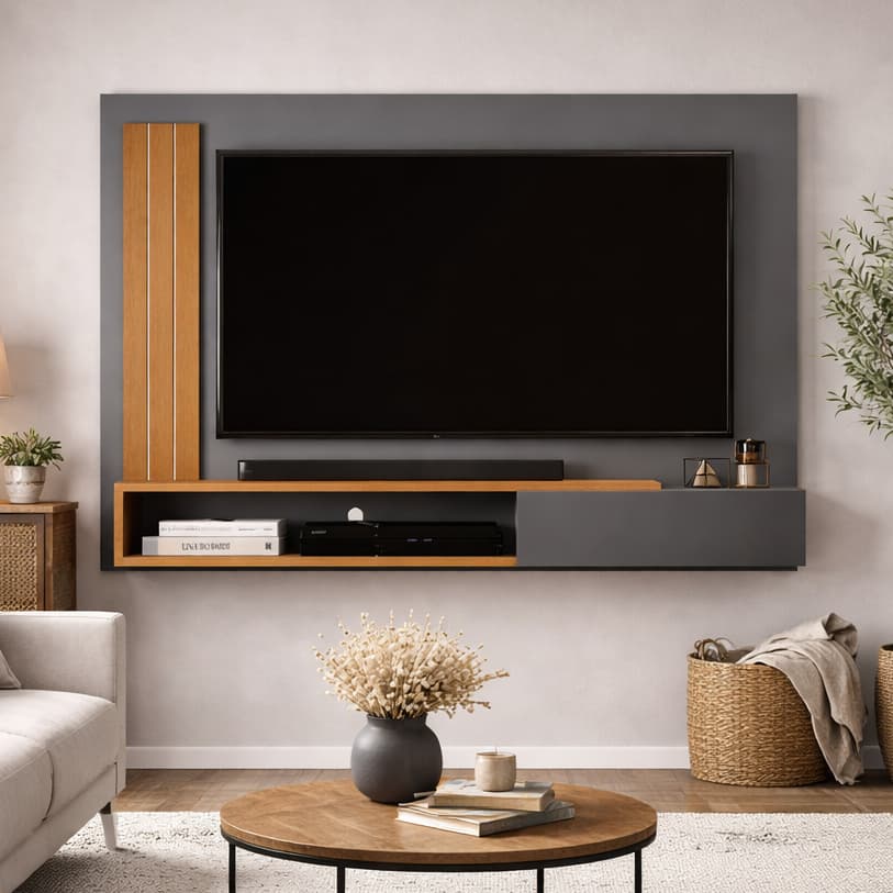 Painel Sala De Estar Para Tv Até 50" Com Porta E Nicho Decorativo - Math Cinza Com Freijó - K7 Plus