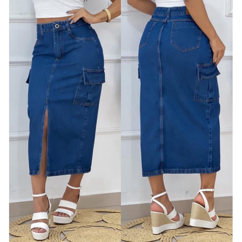 Saia Mídi Jeans Feminina Cargo Moda Evangélica
