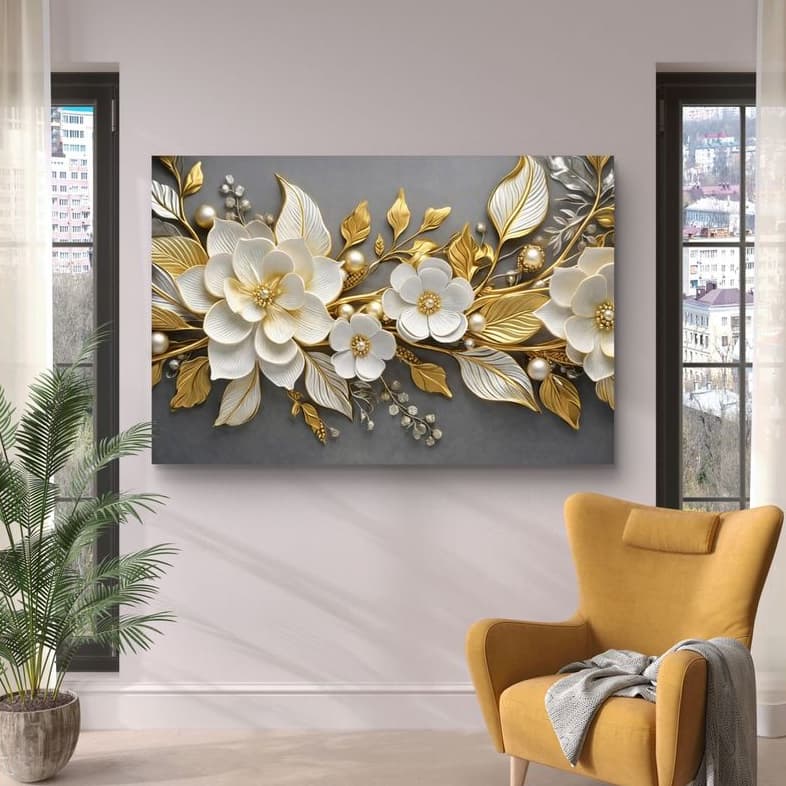 Quadro Decorativo 80x110cm Vitral Flores Dourada Decoração de Parede Hall Luxo Sala Quarto MDF