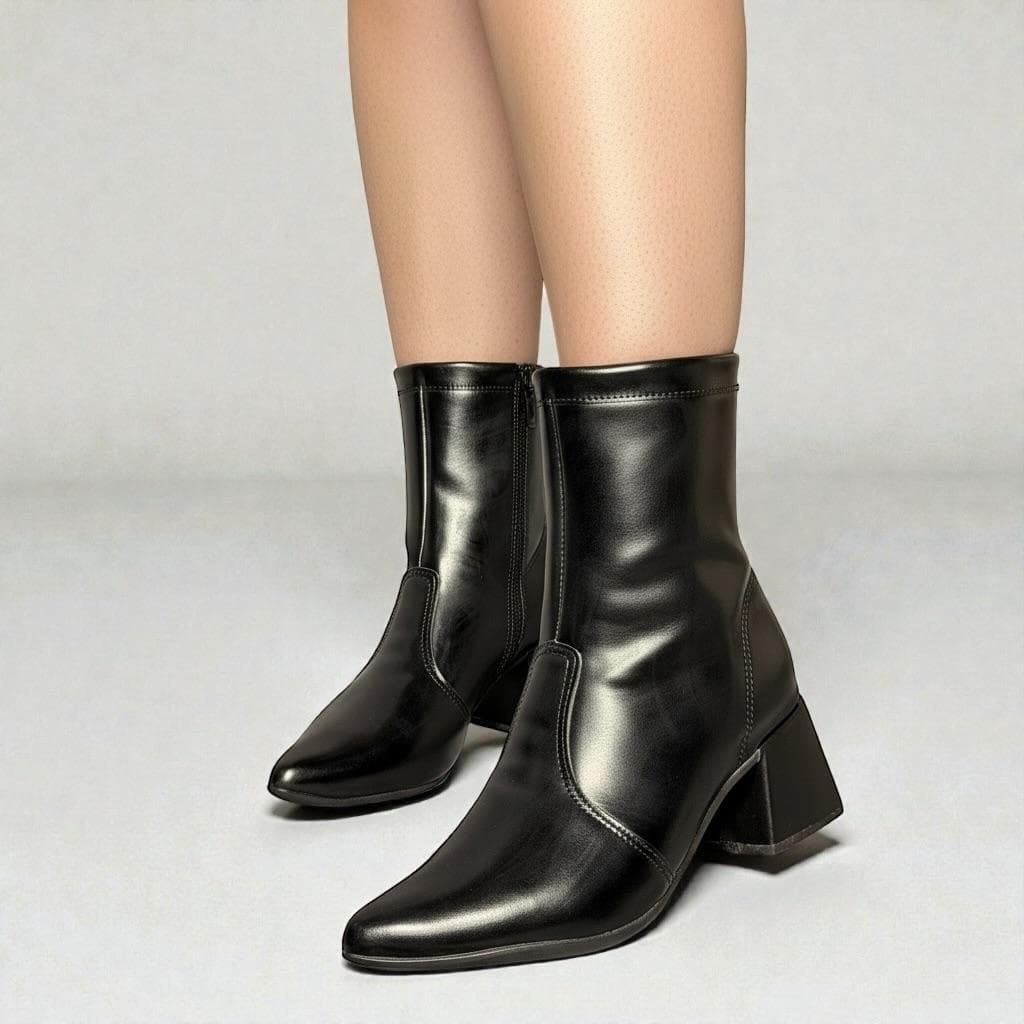 Bota Feminina Salto Alto Grosso Bico Fino Confortável Cano Curto Napa Preto (BOTA-LISA)
