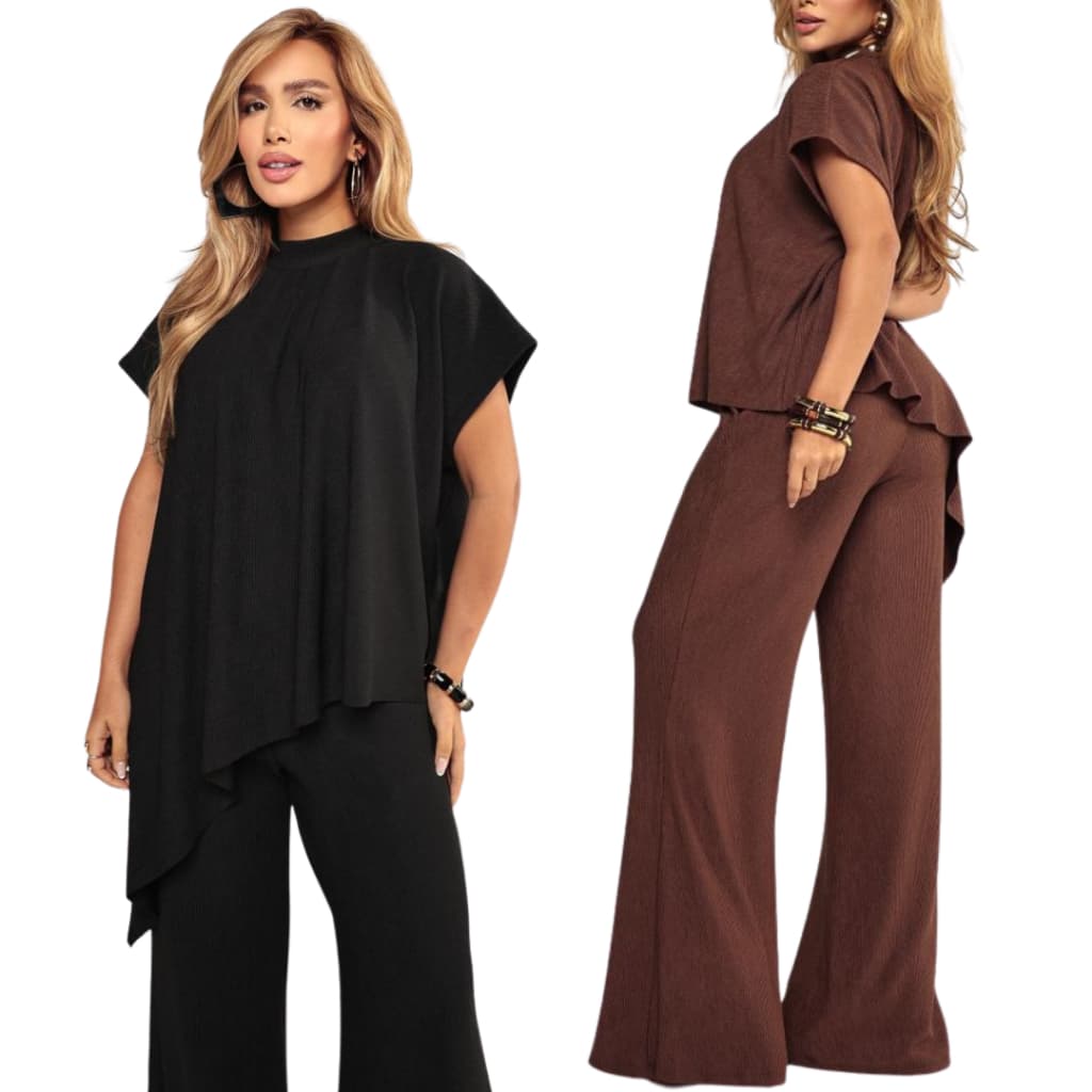 Conjunto Feminino Blusa Assimétrica e Calça Pantalona Ana Ruga Canelada Elegante Casual M ao GG
