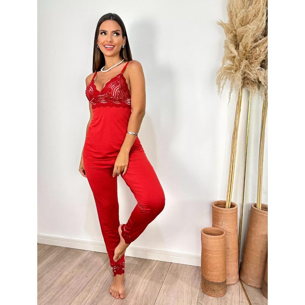 Pijama Luxuria Longo com Renda e Regulagem Confortável em Malha de Microfibra