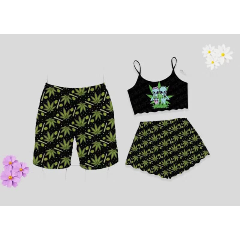 Kit Casal pijama Conforto Premium Samba Canção + Pijama Cropped em Suede combinando dia dos namorados love