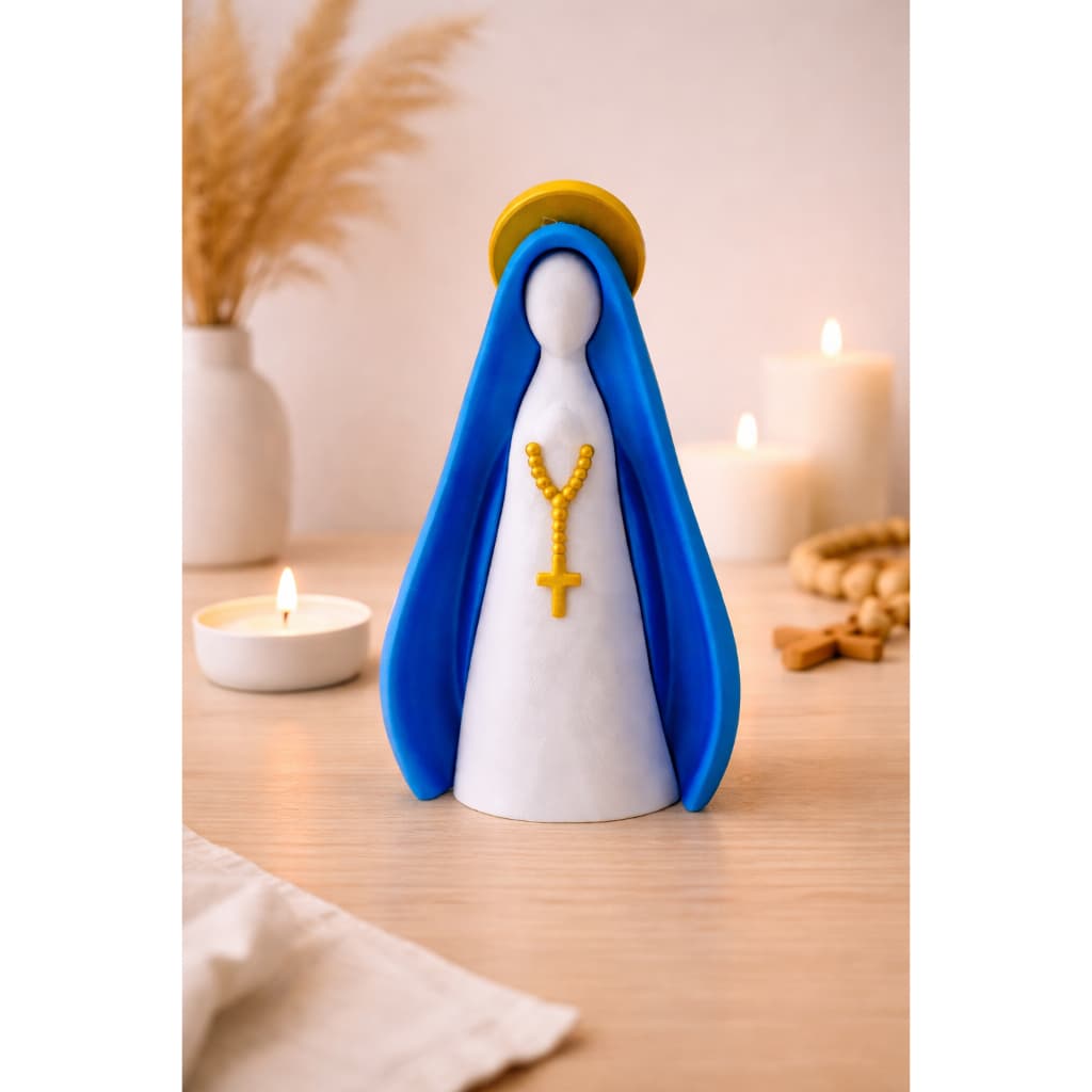 Escultura Decorativa Nossa Senhora com Manto Azul ou Rosa e Halo Dourado
