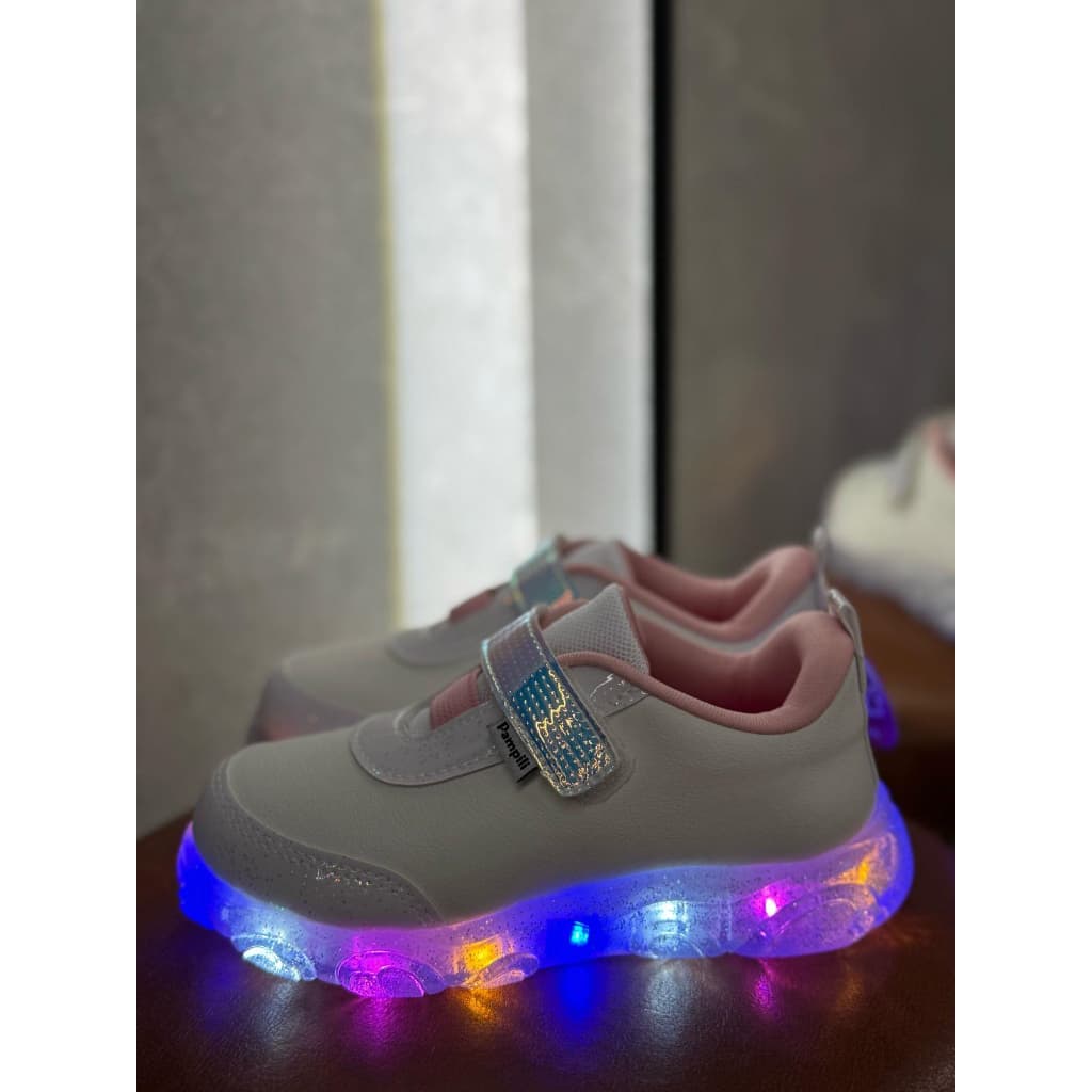 Tênis Infantil Pampili com Luz LED Branco Menina Calce Fácil Casual Escolar Holográfico Brilho