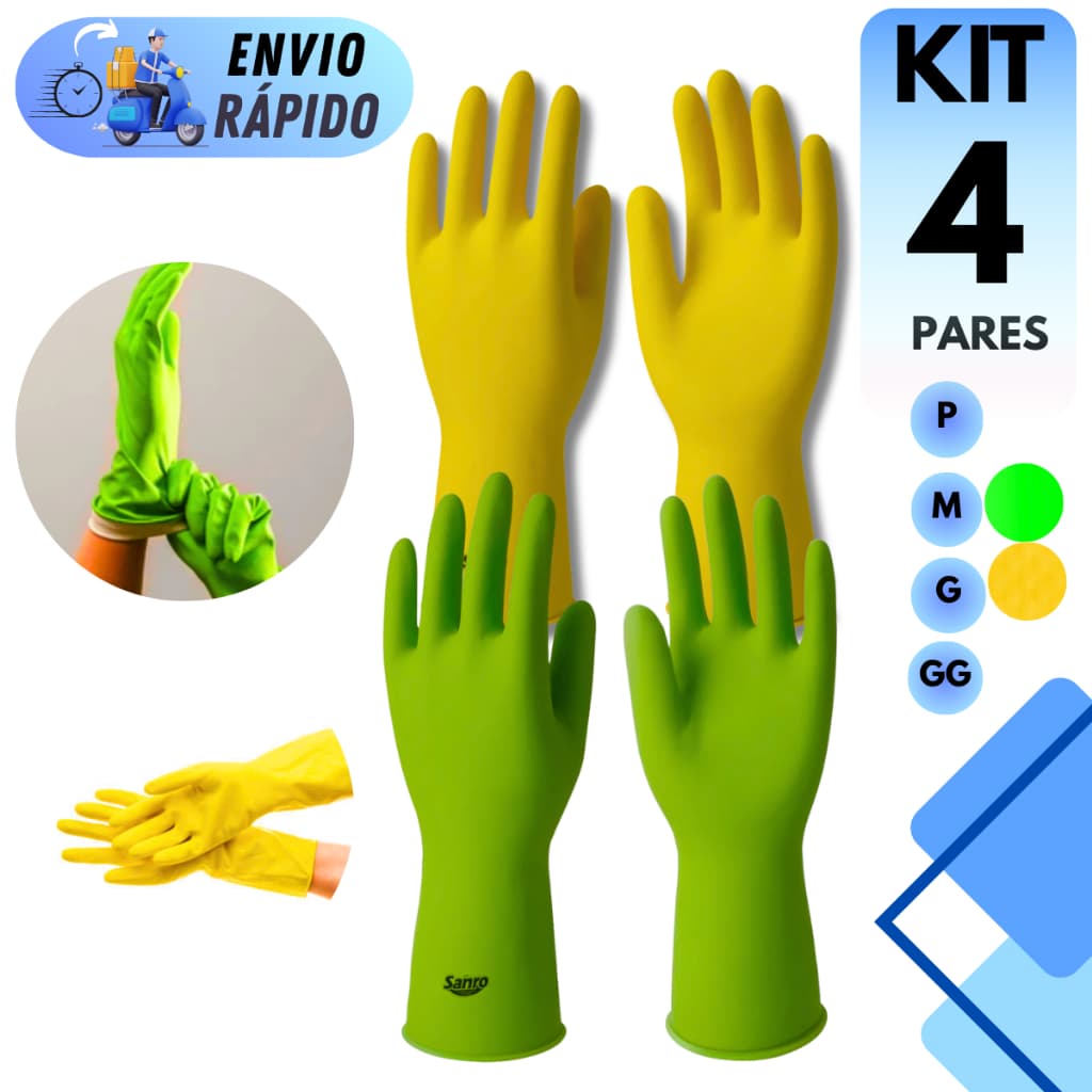 KIT 4 PARES DE LUVA MULTIUSO DE LATEX SANRO IMPERMEAVEL ANTIDERRAPANTE PARA LIMPEZA COZINHA JARDINAGEM MULTIUSO