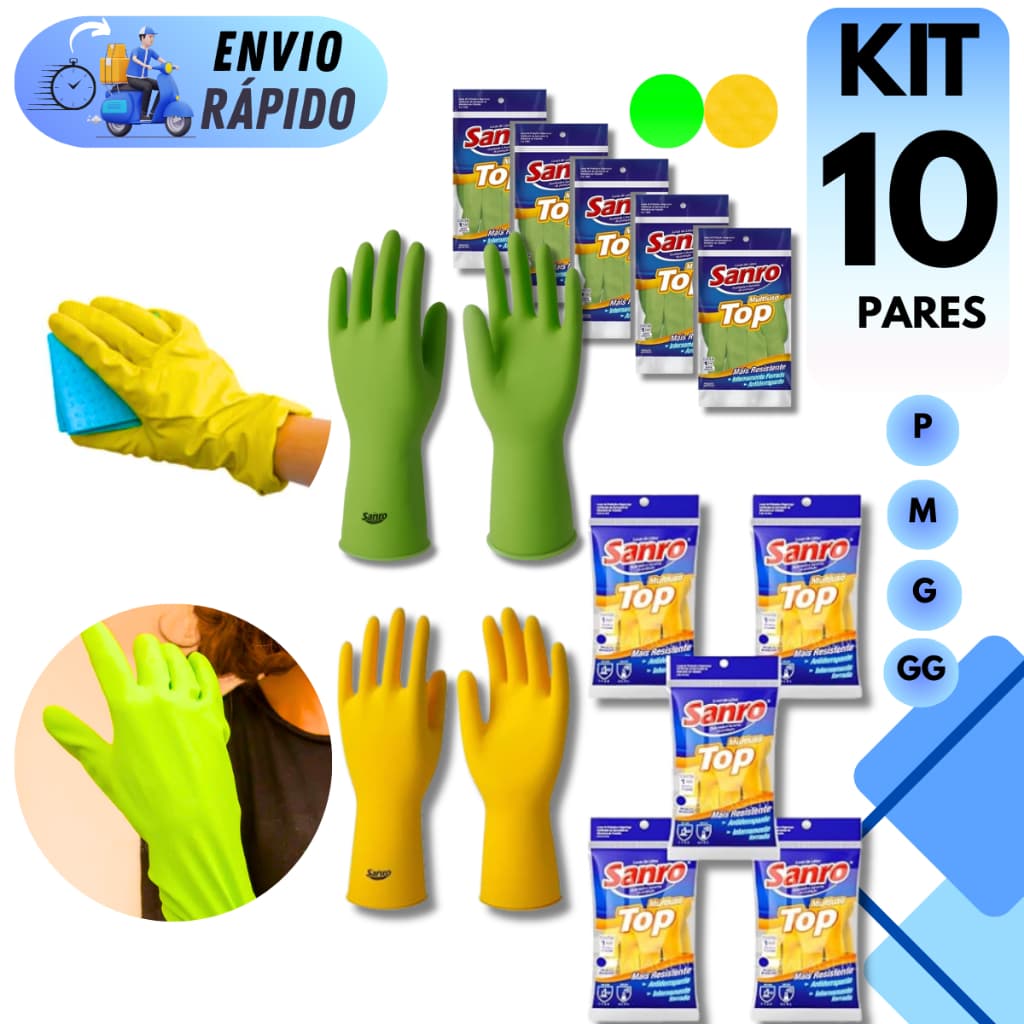 KIT 10 PARES DE LUVA DE LATEX MULTIUSO PARA LIMPEZA  SANRO IMPERMEAVEL ANTIDERRAPANTE COZINHA JARDINAGEM