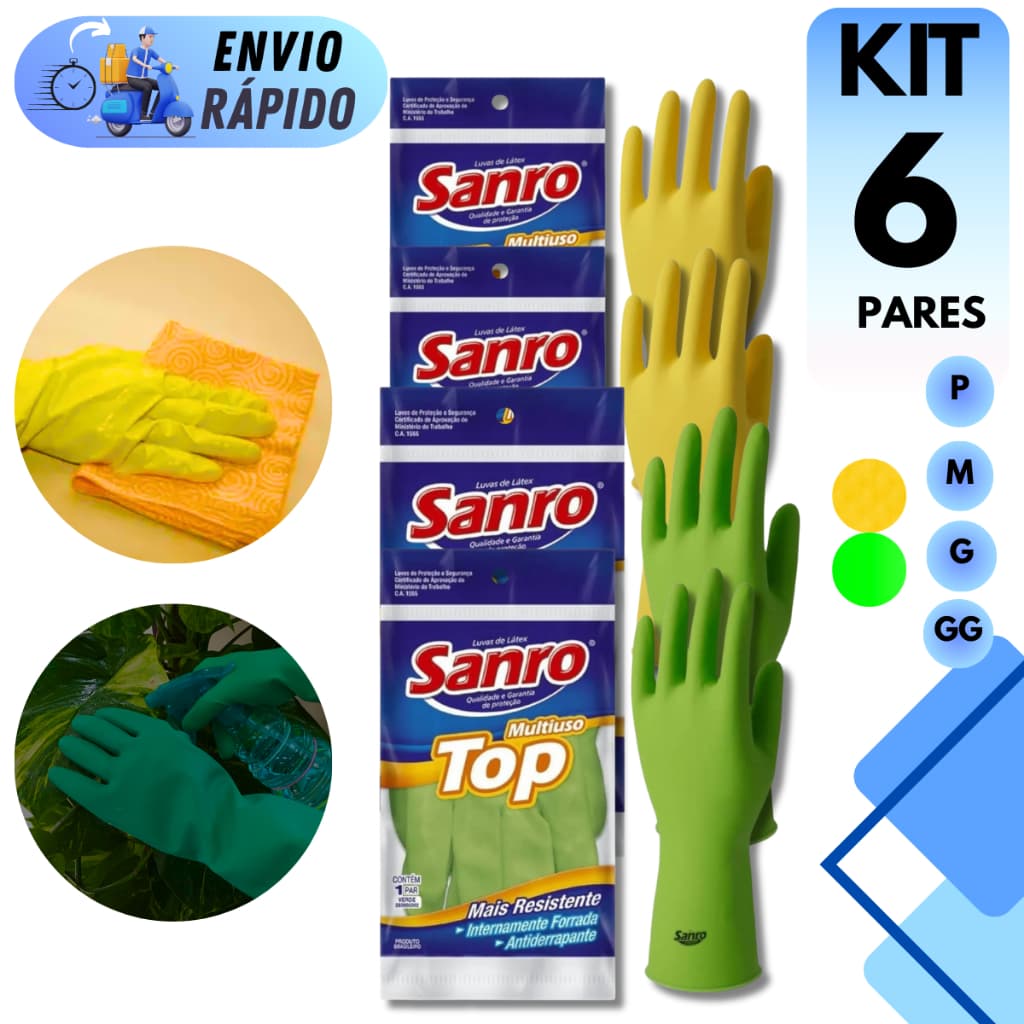 KIT 6 PARES DE LUVA DE LATEX MULTIUSO ANTIDERRAPANTE SANRO IMPERMEAVEL PARA LIMPEZA COZINHA JARDINAGEM MULTIUSO