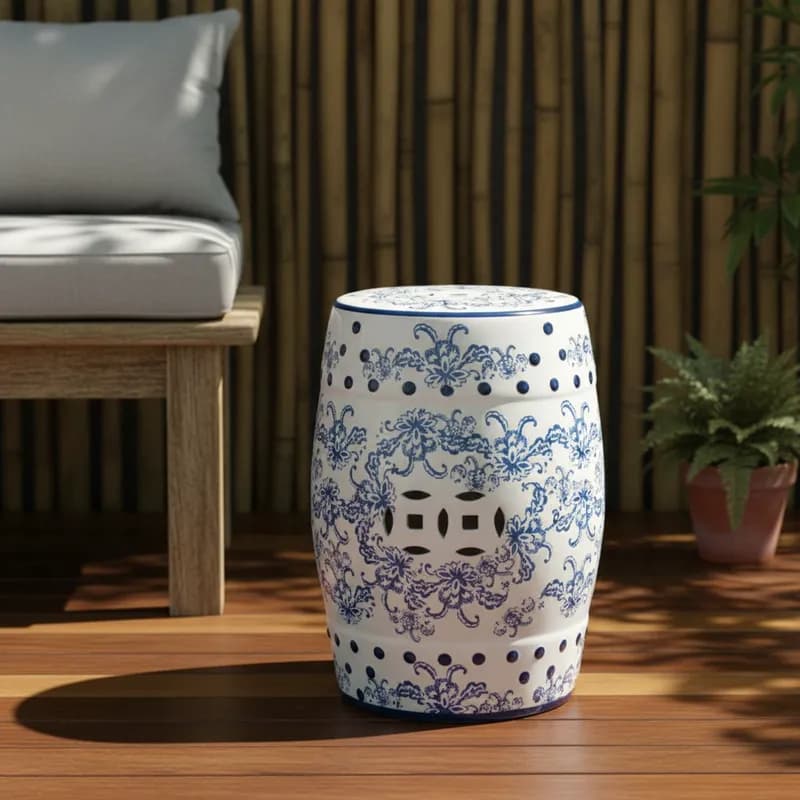 Puff Seat Garden Cerâmica Cardoso Store Altura 46 Cm Branco e Azul