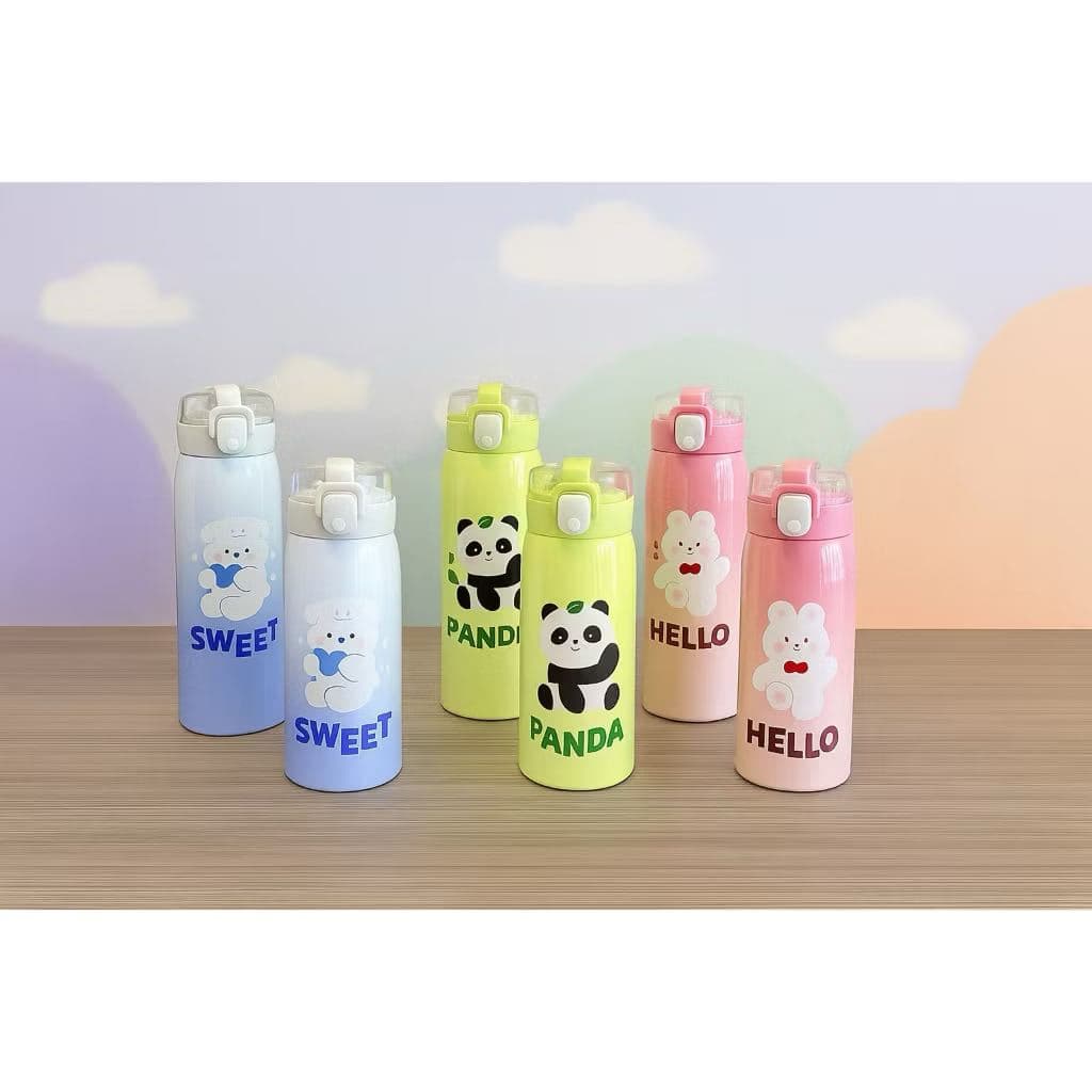 Garrafa de água infantil térmica com canudo, design fofo de animal, elegante padrão em aço inoxidável, capacidade de 500