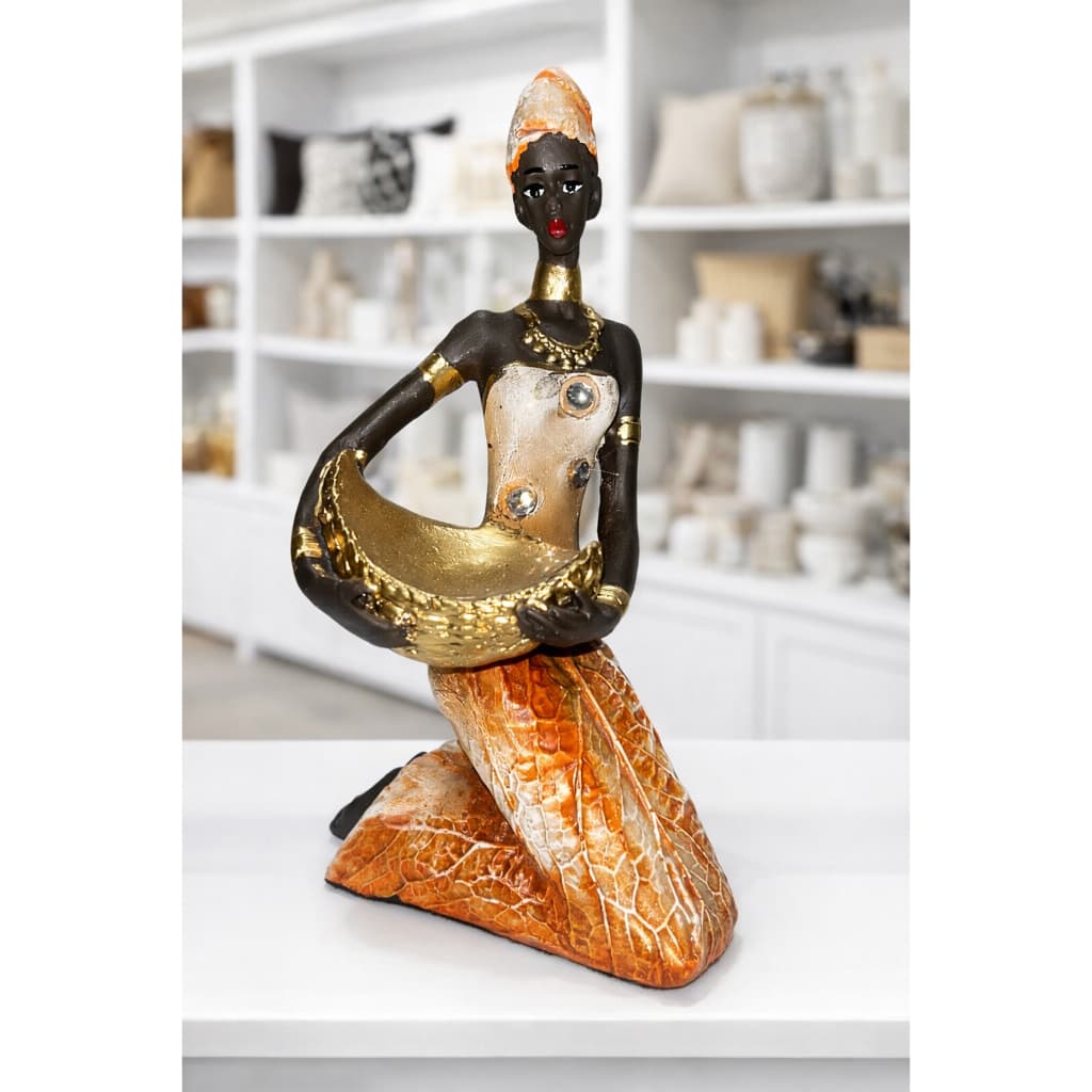 Escultura Africana Decorativa em Gesso 24cm Ajoelhada com Balaio