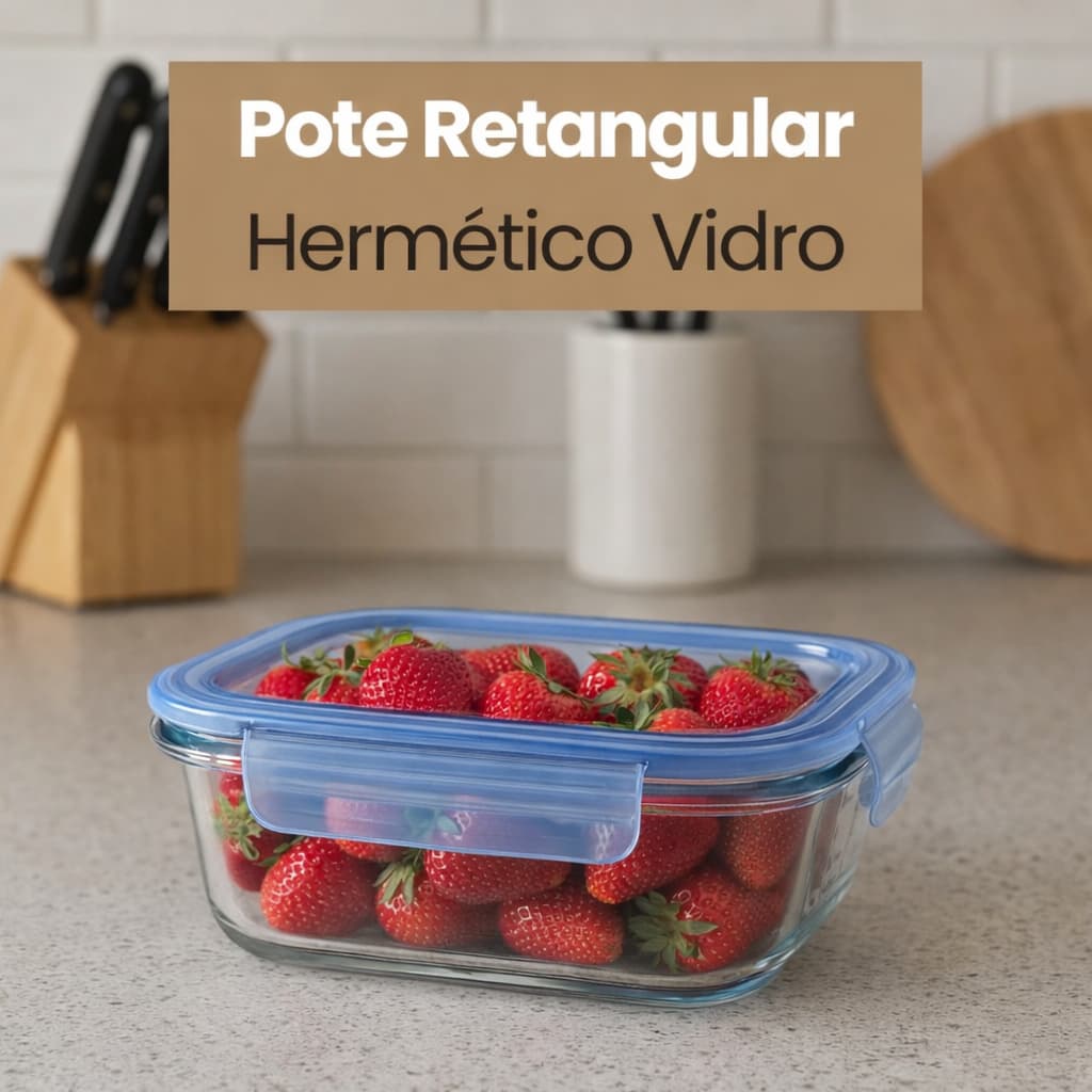 Pote Hermético de Vidro Retangular 370ml com Tampa Vedada Conserva Alimentos Frescos Cozinha