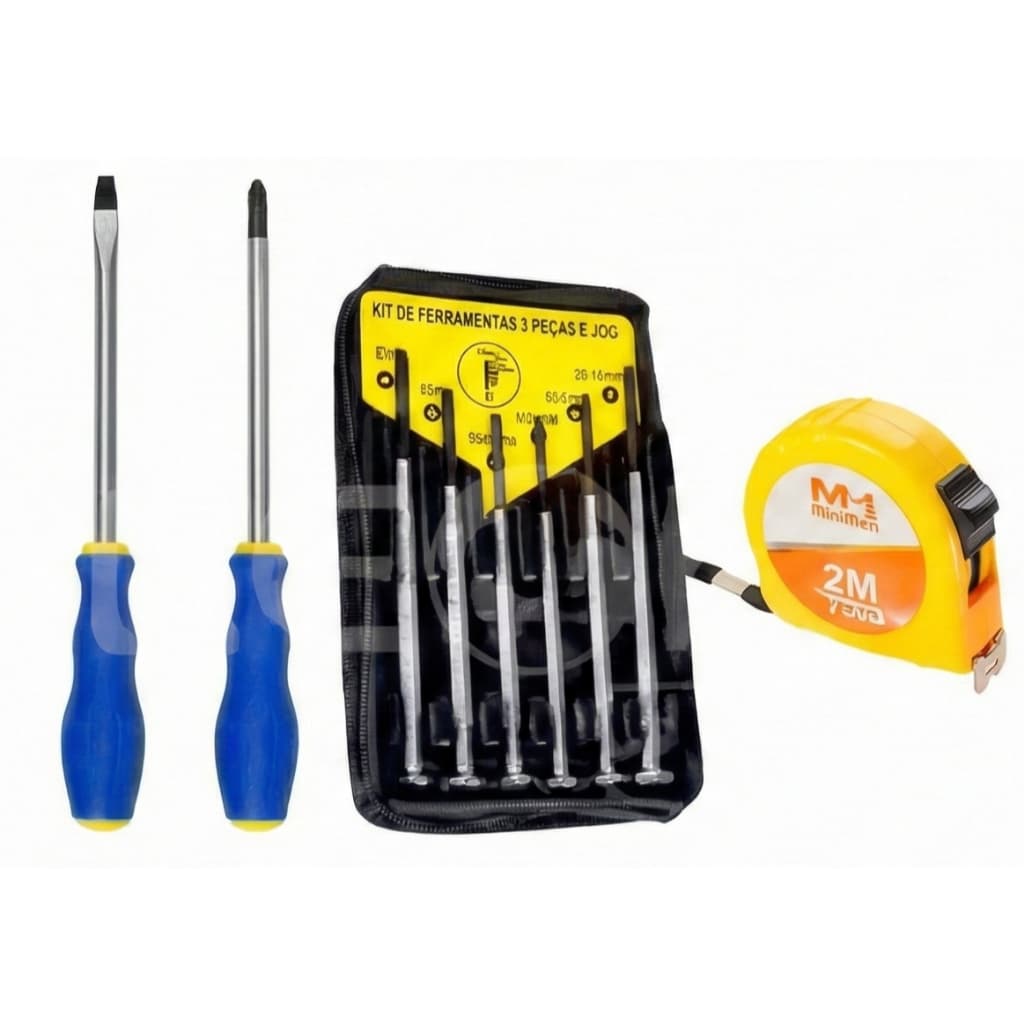 Kit Ferramentas 3 Peças Chave Fenda Philips + Jogo Precisão + Trena 2m Reparos Gerais Casa MM-A-171
