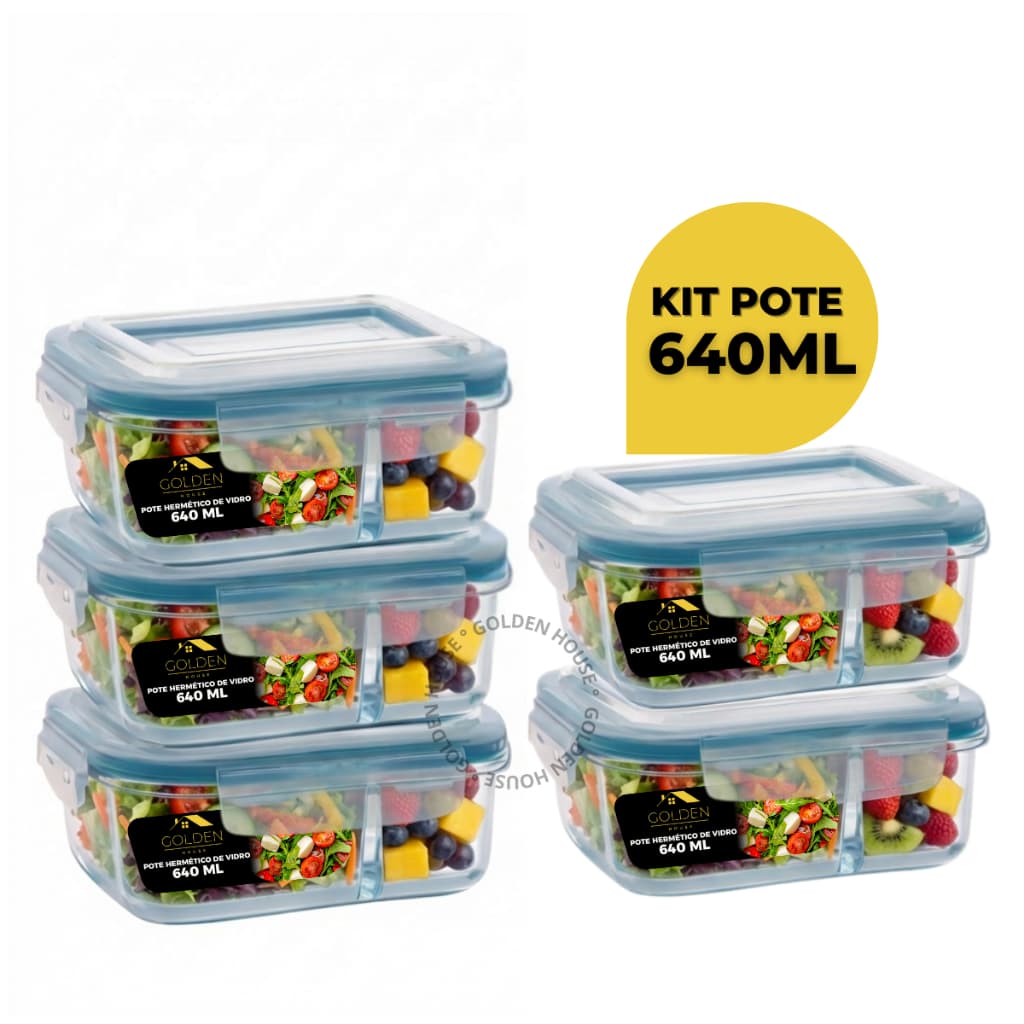 Kit 5 ou 10 Potes Herméticos 640ml Com Divisória Retangular Marmita Fitness