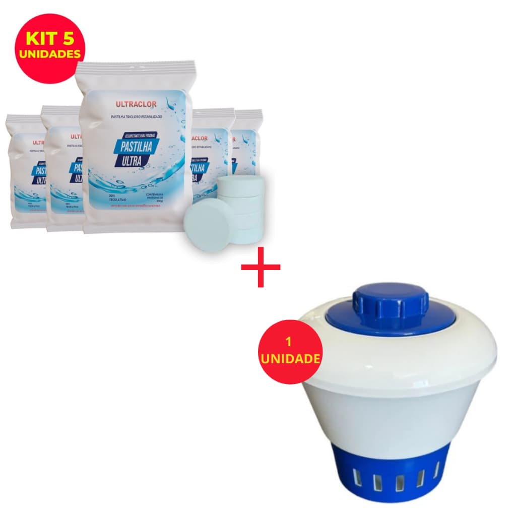 Kit Com 5 Pastilhas + 1 Clorador Flutuador Médio Piscina Brustec
