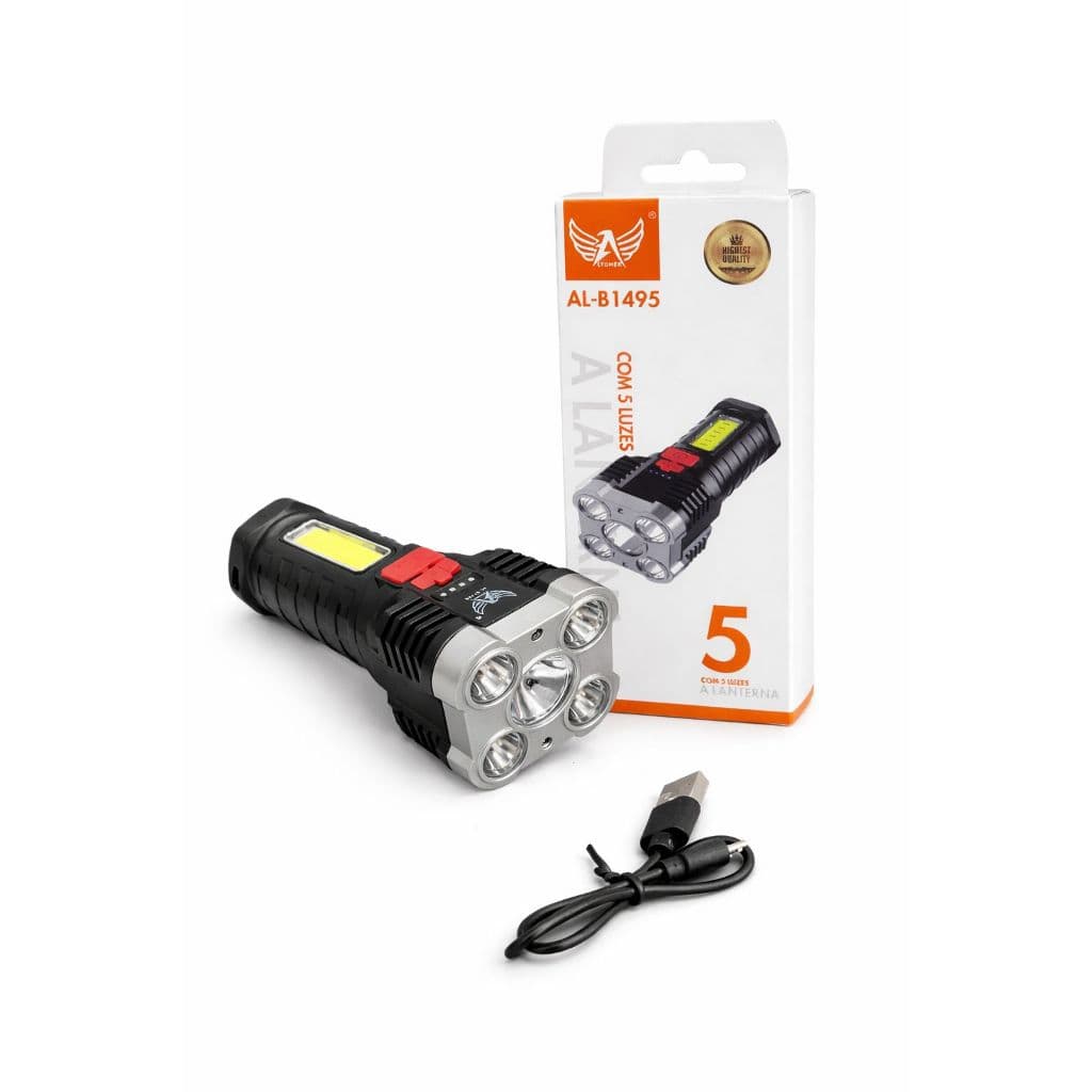 Lanterna Recarregável 4 Modos 5 LEDs e Indicador de Carga Altomex