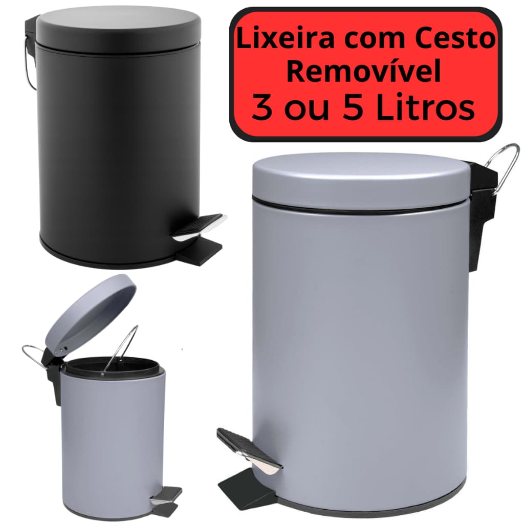 Lixeira Matte 3L ou 5L Com Pedal Cesto Removível e Alça Smero Powermaid Cinza ou Preto