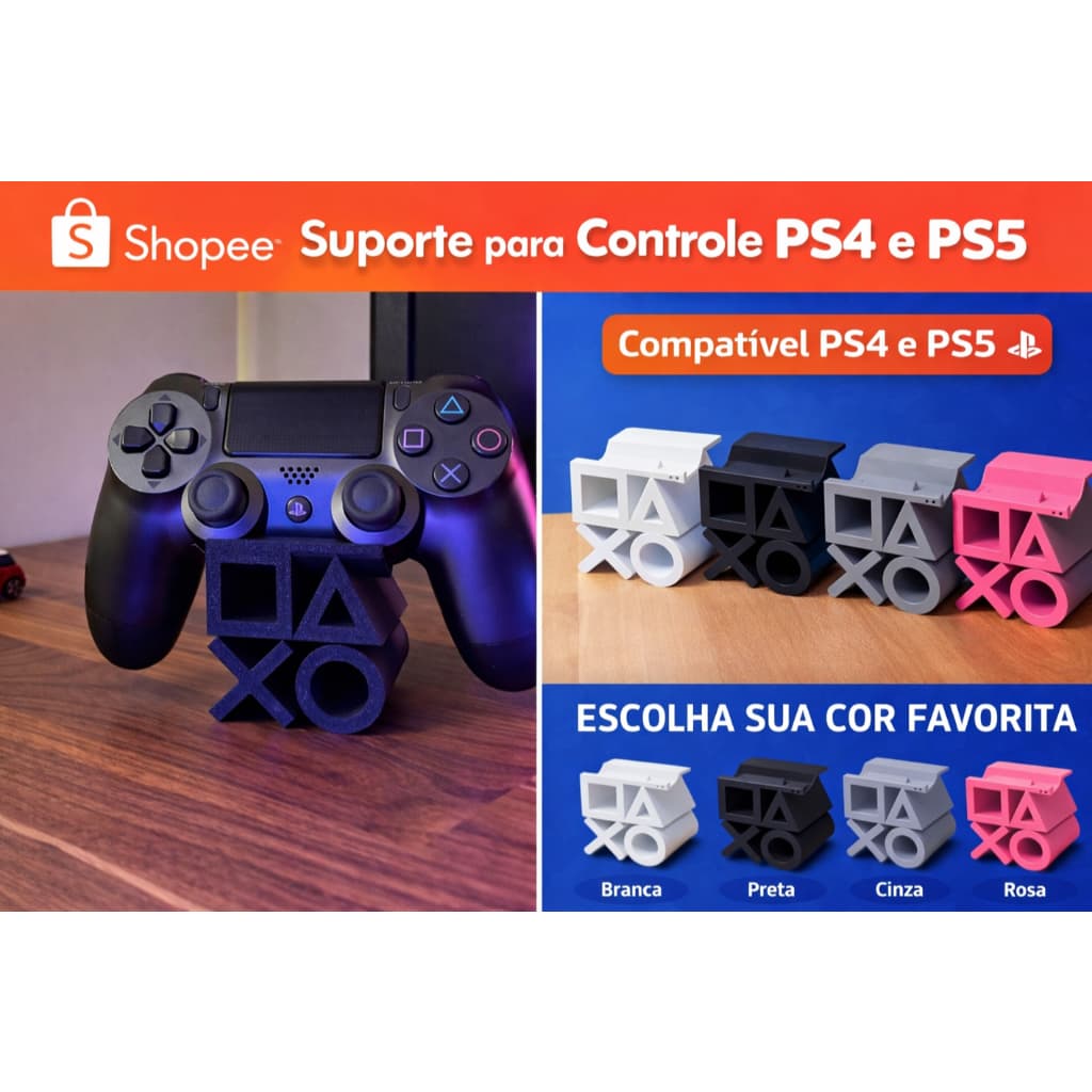 Suporte Gamer para Controle PS4 e PS5 | PlayStation | Design Exclusivo 3D