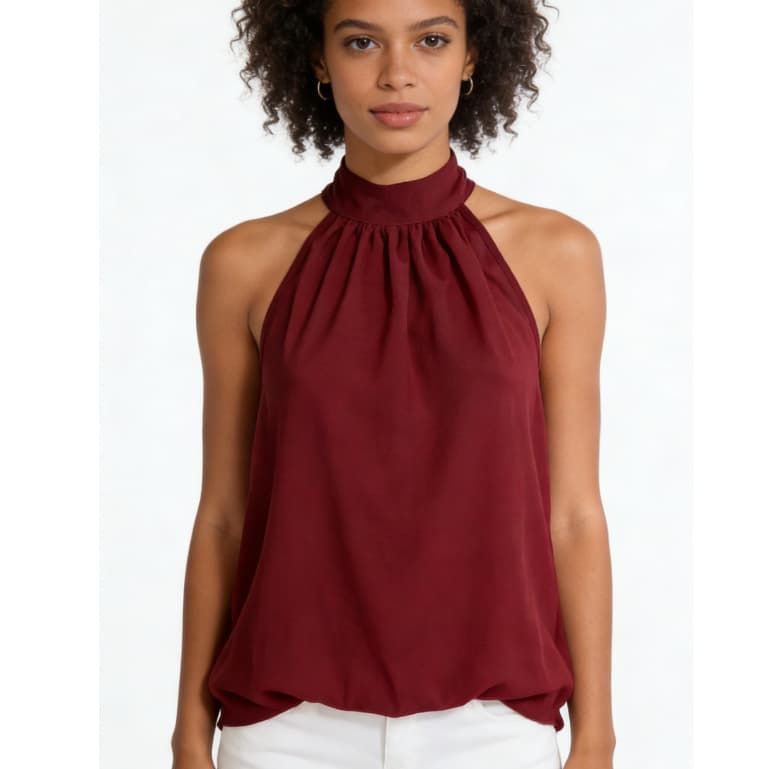 Blusa Regata Elegante Gola Alta Franzida com Amarração nas Costas – Duna