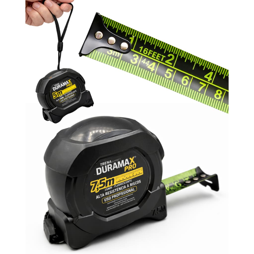 Trena profissional fita métrica Fluorescente com trava Resistente aço de carbono 3m 5m 7,5m